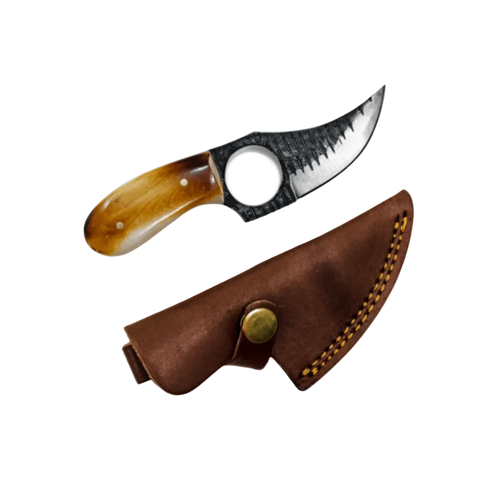 Knife with a brown handle and leather sheath on a white background