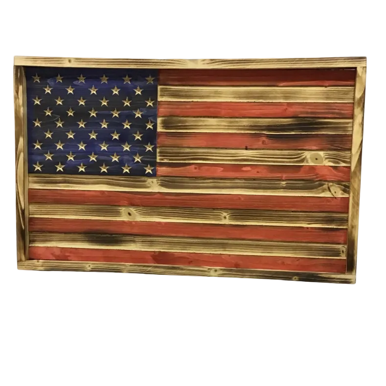 Wooden American flag with a rustic finish on a white background