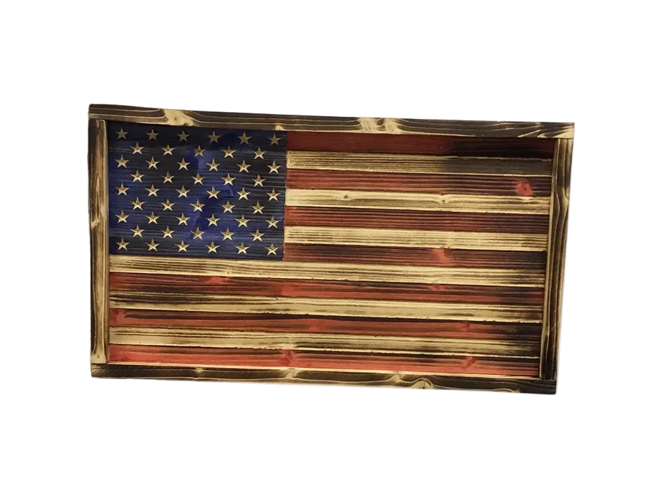 Wooden American flag with a rustic finish on a white background