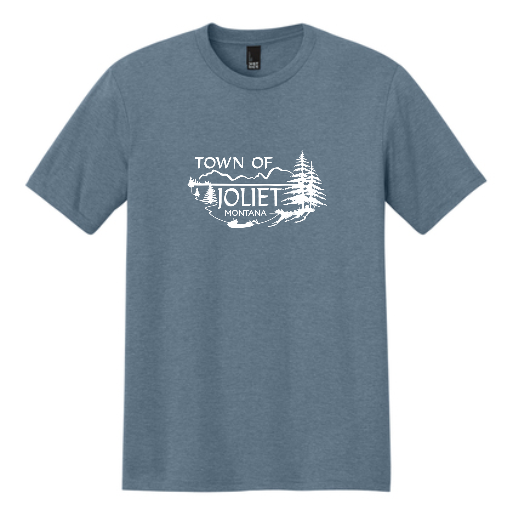 Blue t-shirt with 'Town of Joliet' graphic on a white background